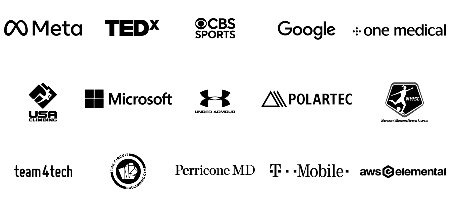 Logos of clients and collaborators: Meta, TEDx, CBS Sports, Google, One Medical, USA Climbing, Microsoft, Under Armour, Polartec, NWSL, team4tech, The Circuit Bouldering Gym, Perricone MD, T-Mobile and AWS Elemental